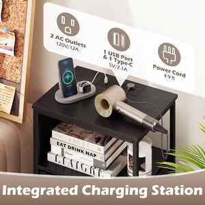 Nightstand with Integrated Charging Station 34" Modern Bedside Table-Black