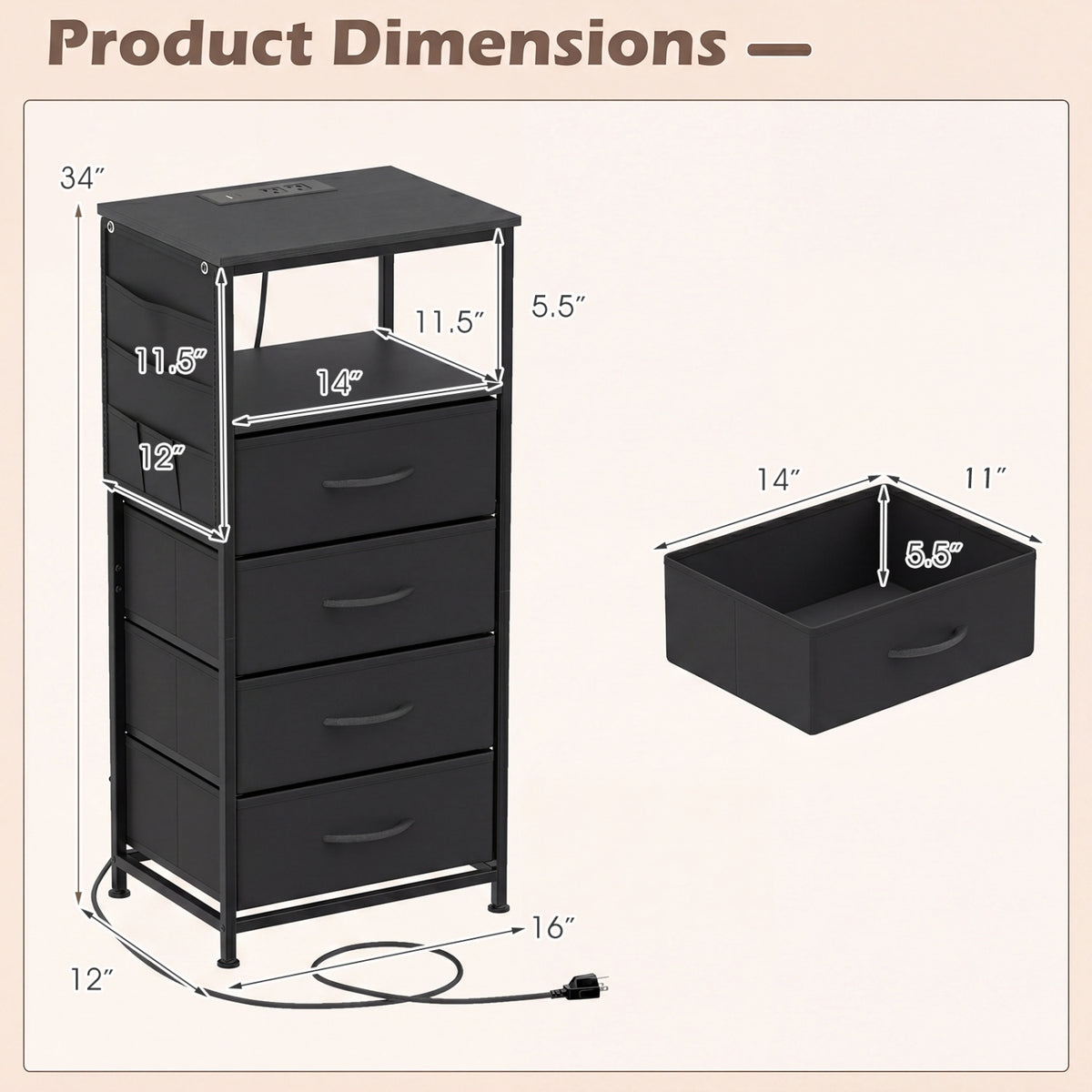 Nightstand with Integrated Charging Station 34" Modern Bedside Table-Black
