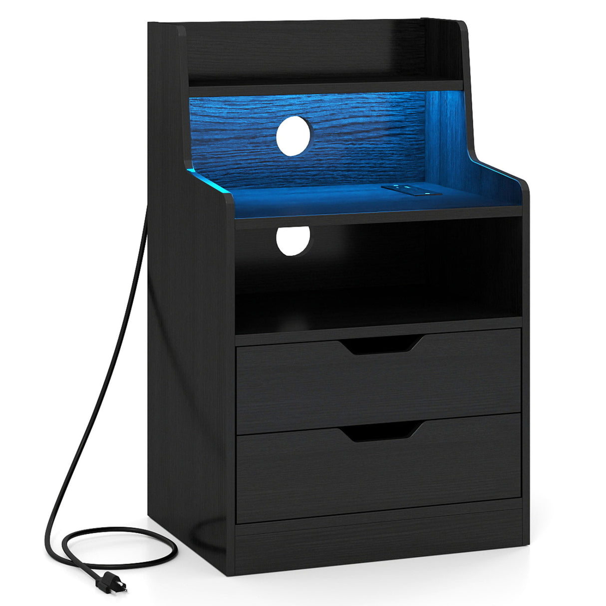 Nightstand with LED Light and Charging Station for Living Room Bedroom-Black