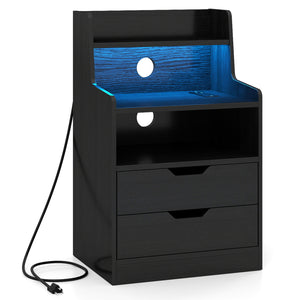 Nightstand with LED Light and Charging Station for Living Room Bedroom-Black