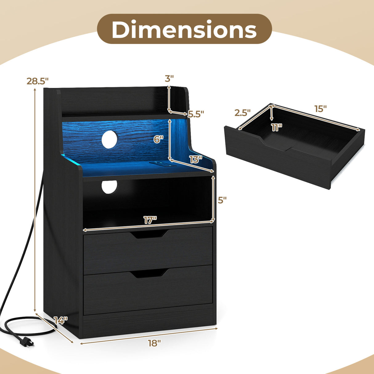 Nightstand with LED Light and Charging Station for Living Room Bedroom-Black