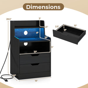 Nightstand with LED Light and Charging Station for Living Room Bedroom-Black