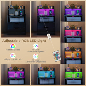 Nightstand with LED Light and Charging Station for Living Room Bedroom-Black