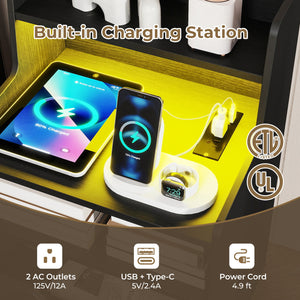 Nightstand with LED Light and Charging Station for Living Room Bedroom-Black