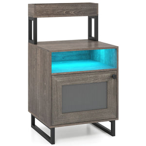 Nightstand with LED Lights Modern End Table with Top Tray Open Compartment and Storage Cabinet-Gray
