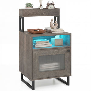 Nightstand with LED Lights Modern End Table with Top Tray Open Compartment and Storage Cabinet-Gray