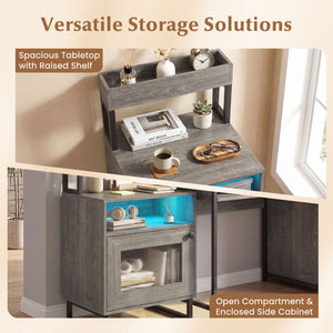 Nightstand with LED Lights Modern End Table with Top Tray Open Compartment and Storage Cabinet-Gray