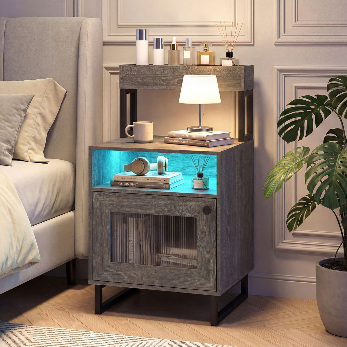 Nightstand with LED Lights Modern End Table with Top Tray Open Compartment and Storage Cabinet-Gray