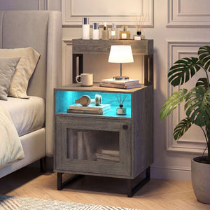 Nightstand with LED Lights Modern End Table with Top Tray Open Compartment and Storage Cabinet-Gray