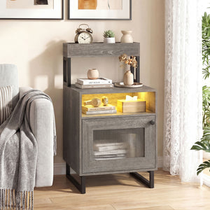 Nightstand with LED Lights Modern End Table with Top Tray Open Compartment and Storage Cabinet-Gray