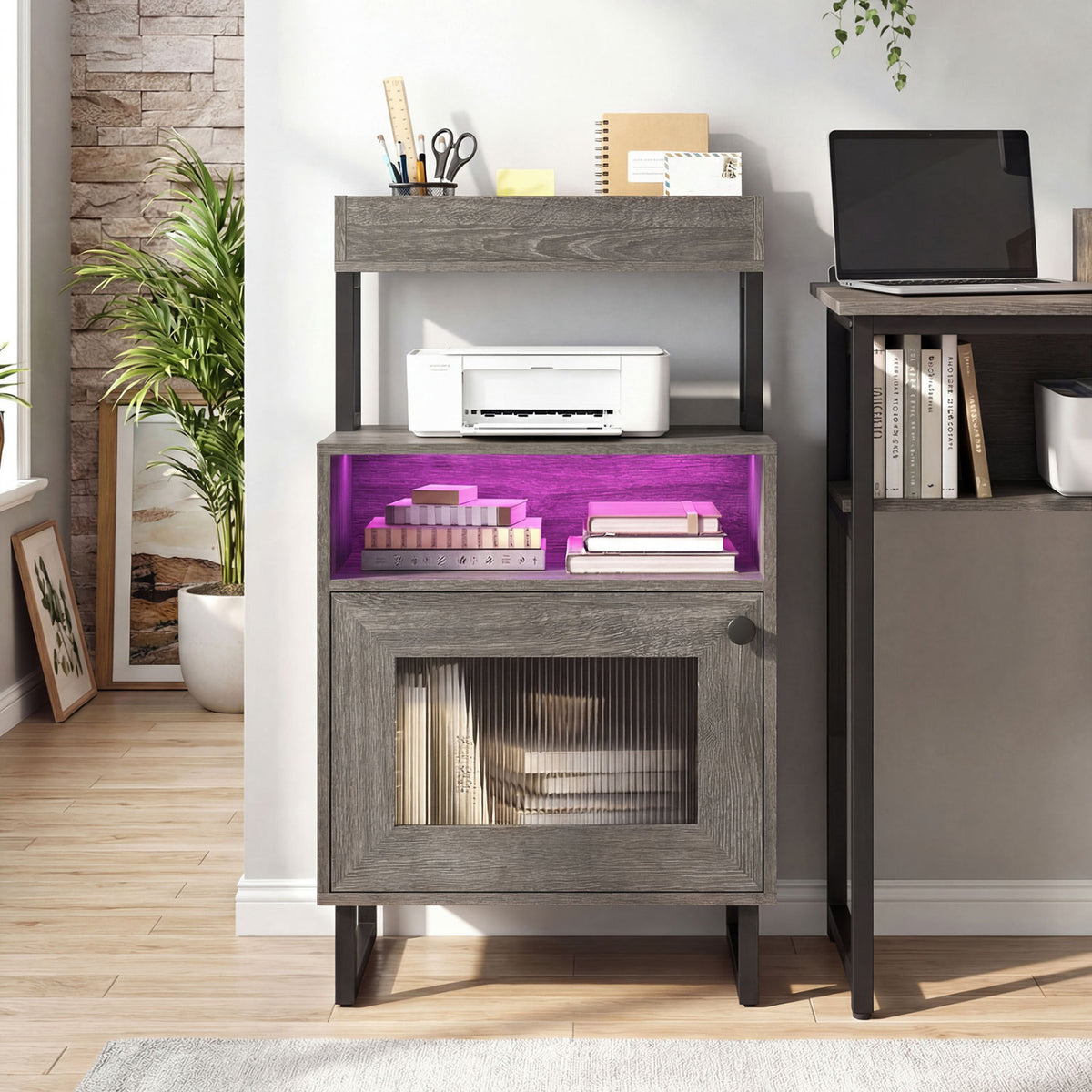 Nightstand with LED Lights Modern End Table with Top Tray Open Compartment and Storage Cabinet-Gray