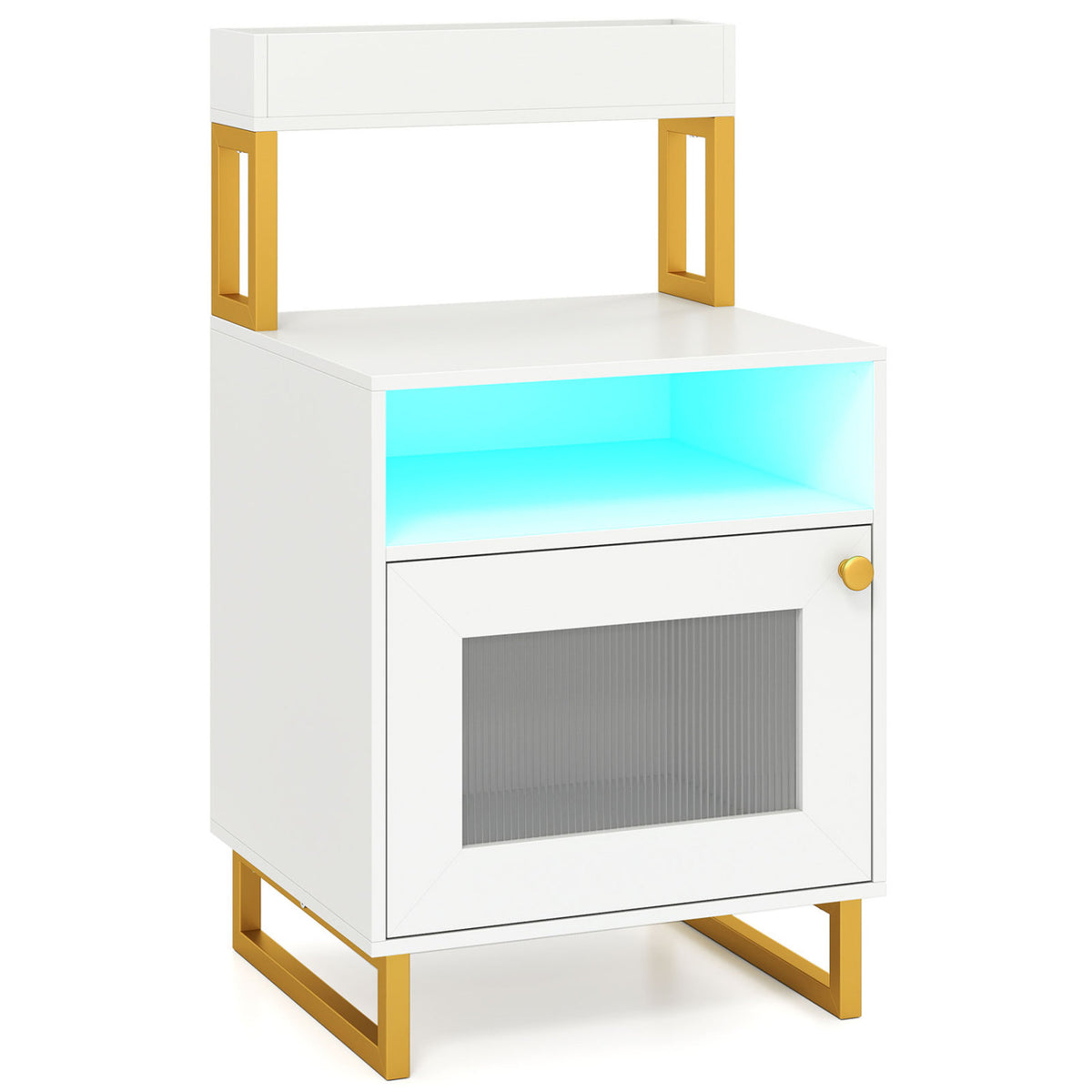 Nightstand with LED Lights Modern End Table with Top Tray Open Compartment and Storage Cabinet-White