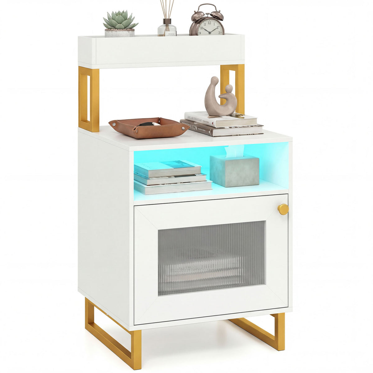 Nightstand with LED Lights Modern End Table with Top Tray Open Compartment and Storage Cabinet-White