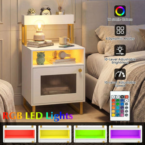 Nightstand with LED Lights Modern End Table with Top Tray Open Compartment and Storage Cabinet-White