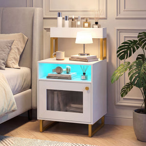 Nightstand with LED Lights Modern End Table with Top Tray Open Compartment and Storage Cabinet-White
