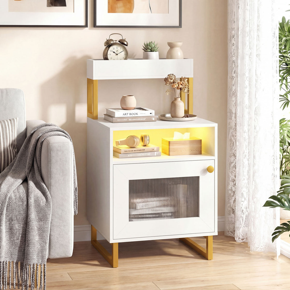 Nightstand with LED Lights Modern End Table with Top Tray Open Compartment and Storage Cabinet-White