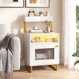 Nightstand with LED Lights Modern End Table with Top Tray Open Compartment and Storage Cabinet-White