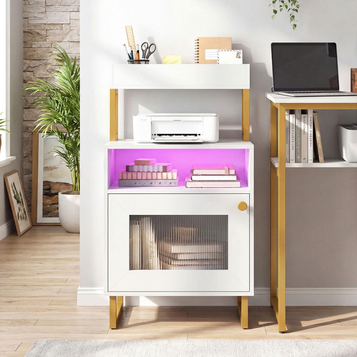 Nightstand with LED Lights Modern End Table with Top Tray Open Compartment and Storage Cabinet-White