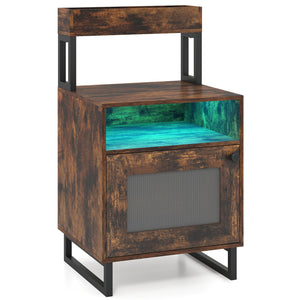 Nightstand with LED Lights Modern End Table with Top Tray Open Compartment and Storage Cabinet-Rustic Brown