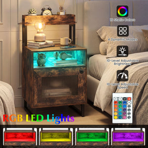 Nightstand with LED Lights Modern End Table with Top Tray Open Compartment and Storage Cabinet-Rustic Brown