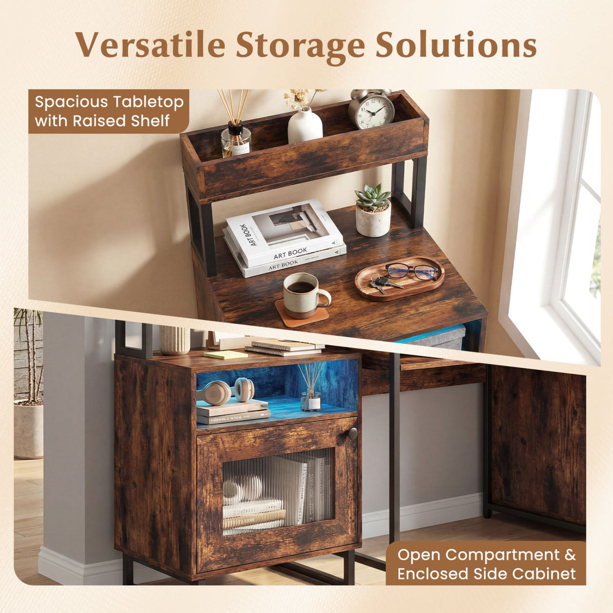Nightstand with LED Lights Modern End Table with Top Tray Open Compartment and Storage Cabinet-Rustic Brown