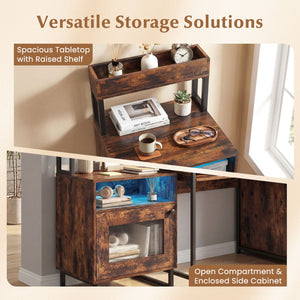 Nightstand with LED Lights Modern End Table with Top Tray Open Compartment and Storage Cabinet-Rustic Brown