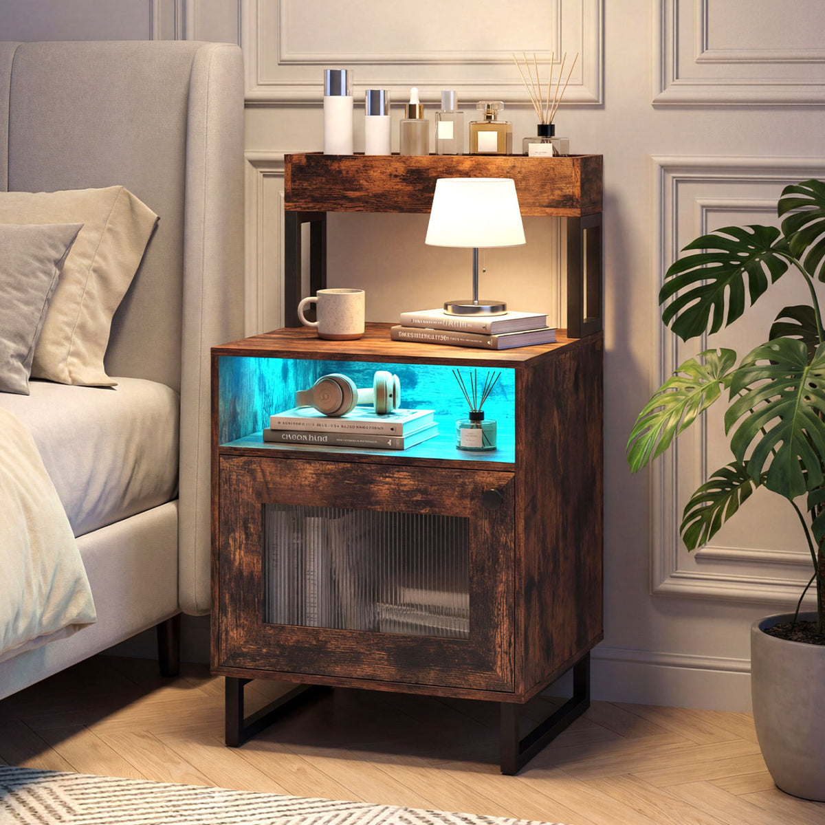 Nightstand with LED Lights Modern End Table with Top Tray Open Compartment and Storage Cabinet-Rustic Brown