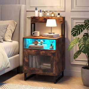 Nightstand with LED Lights Modern End Table with Top Tray Open Compartment and Storage Cabinet-Rustic Brown