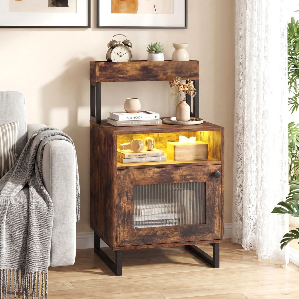 Nightstand with LED Lights Modern End Table with Top Tray Open Compartment and Storage Cabinet-Rustic Brown