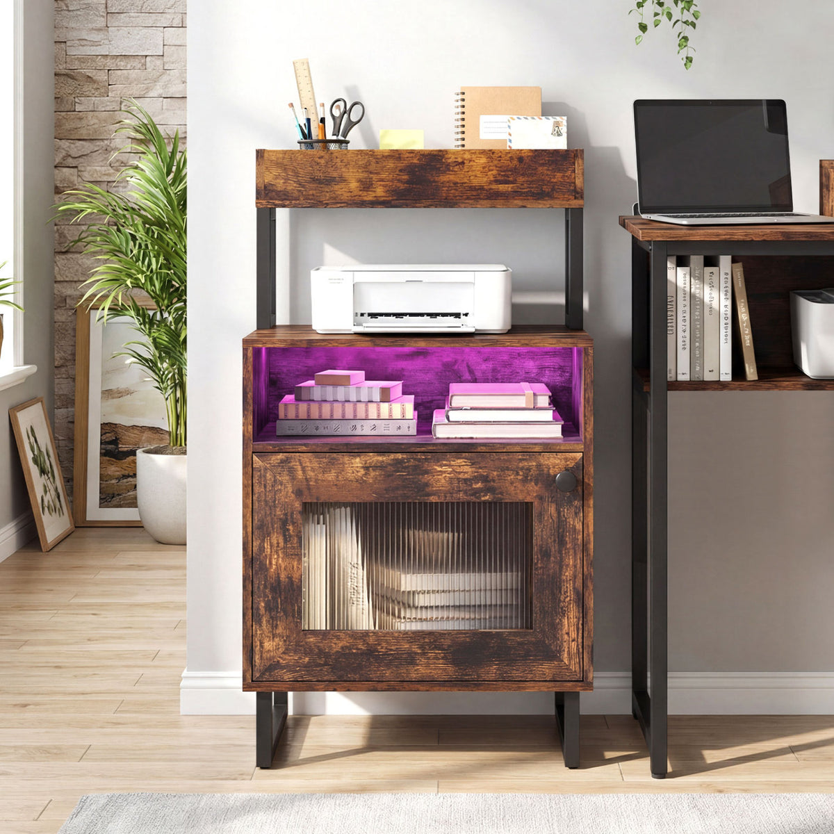 Nightstand with LED Lights Modern End Table with Top Tray Open Compartment and Storage Cabinet-Rustic Brown