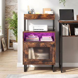 Nightstand with LED Lights Modern End Table with Top Tray Open Compartment and Storage Cabinet-Rustic Brown