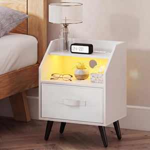 Nightstand with Power Outlets and Open Storage Shelf-White