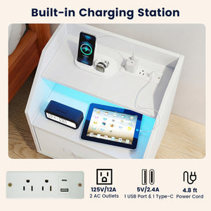 Nightstand with Power Outlets and Open Storage Shelf-White