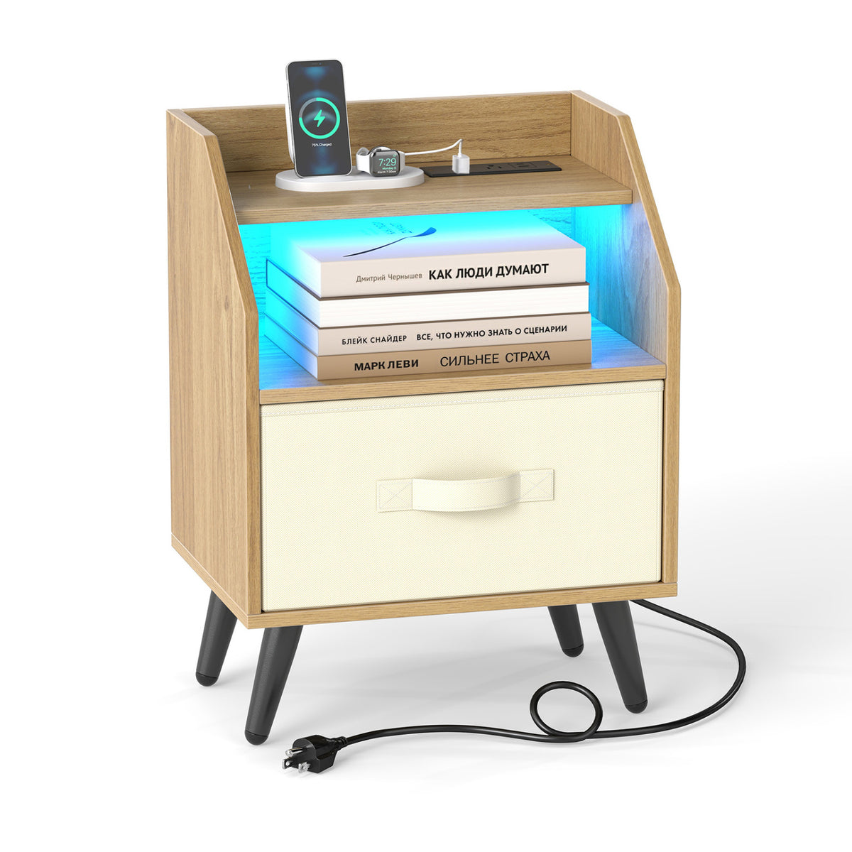 Nightstand with Power Outlets and Open Storage Shelf-Natrual
