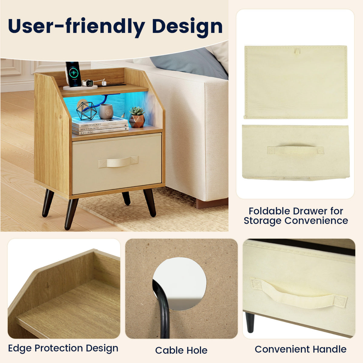 Nightstand with Power Outlets and Open Storage Shelf-Natrual
