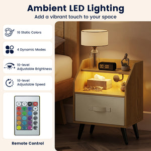 Nightstand with Power Outlets and Open Storage Shelf-Natrual