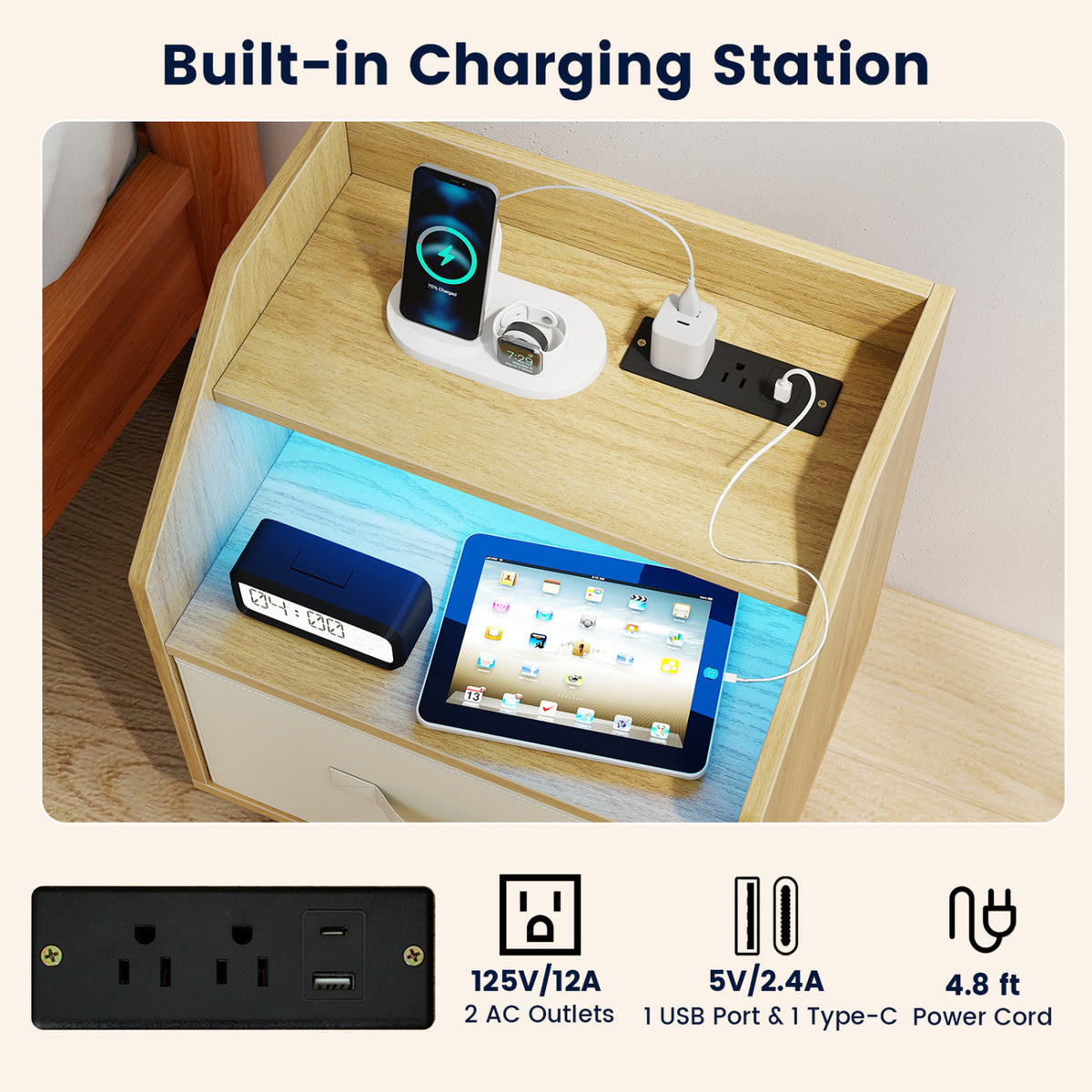 Nightstand with Power Outlets and Open Storage Shelf-Natrual
