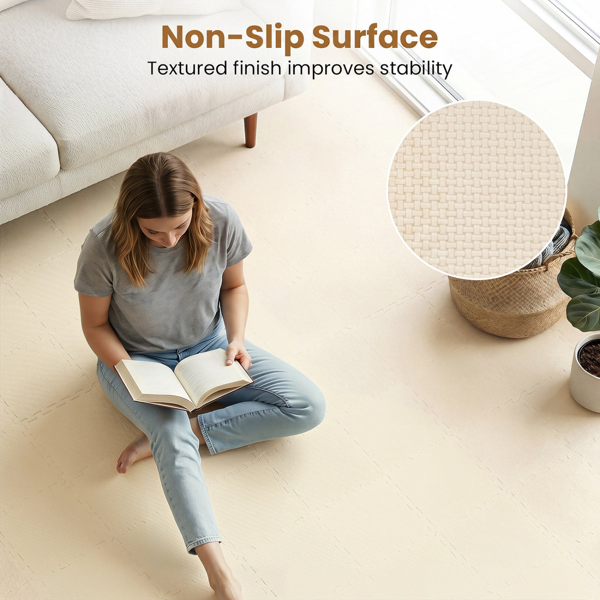Non-Slip Protective Flooring for Living Room and Home Gym-Beige