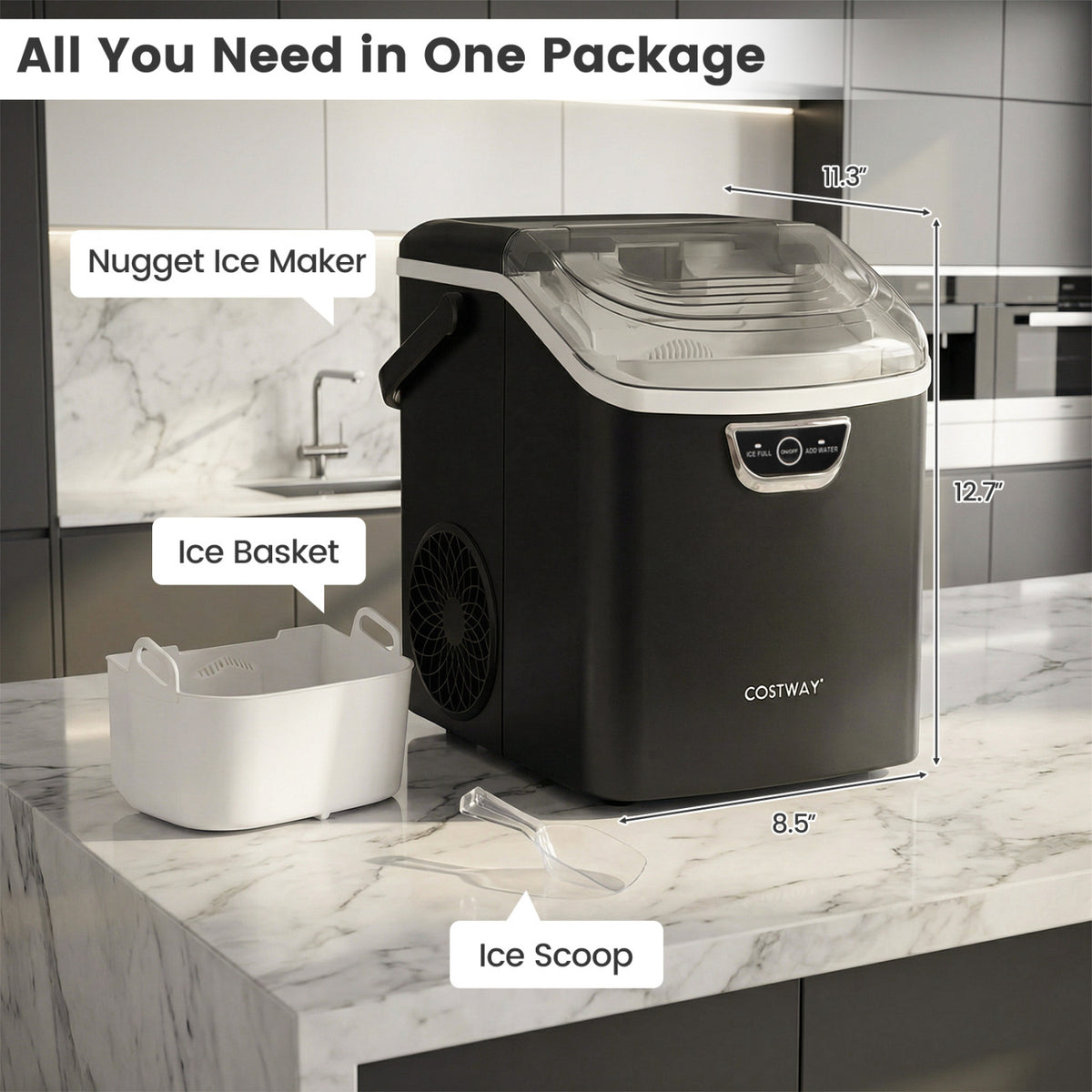 Nugget Ice Maker Countertop with Audible Ice Full Alarm-Black