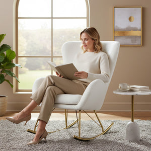 Nursery Rocking Chair with Curved Backrest and Armrests-White