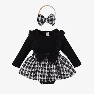 Long Sleeve Stitching Woven Style Plaid Skirt Bow Romper