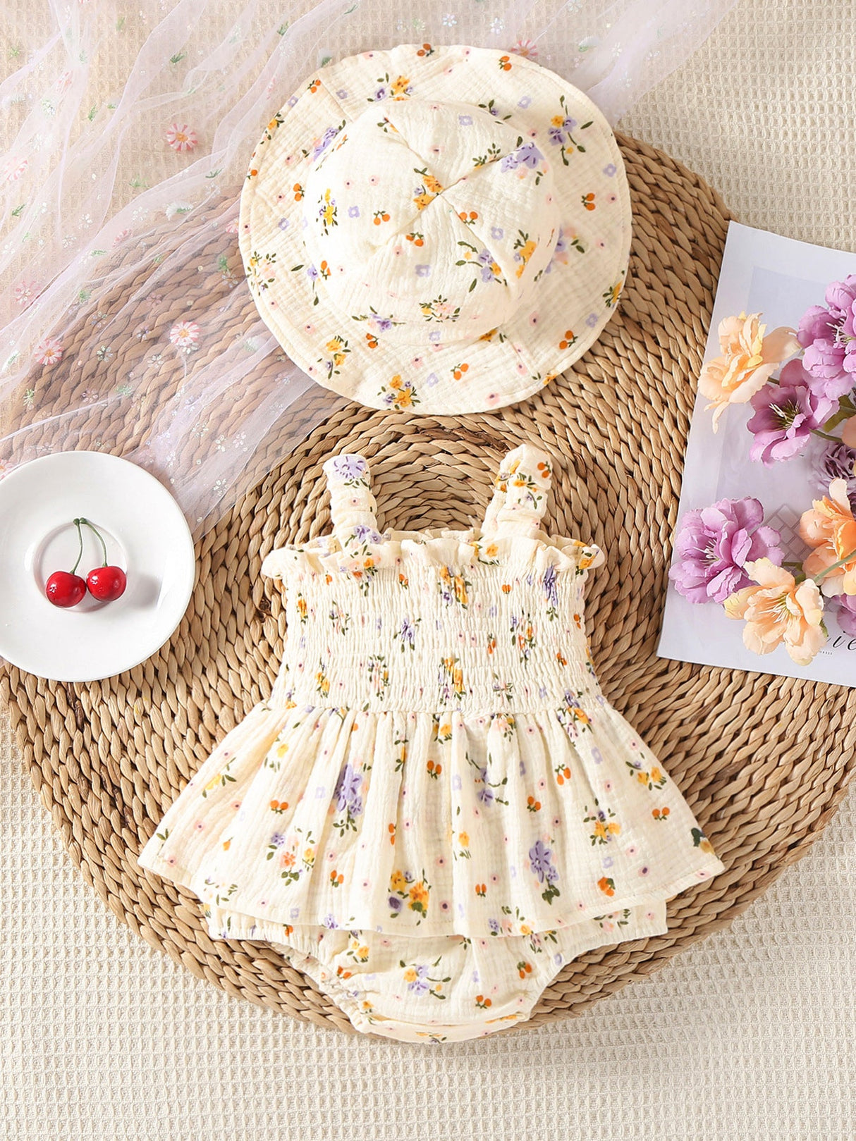 Muslin Floral Smocked Baby Romper with Matching Hat