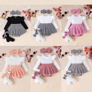 Sunken Stripe Long Sleeve Stitching Houndstooth Skirt One-piece Romper