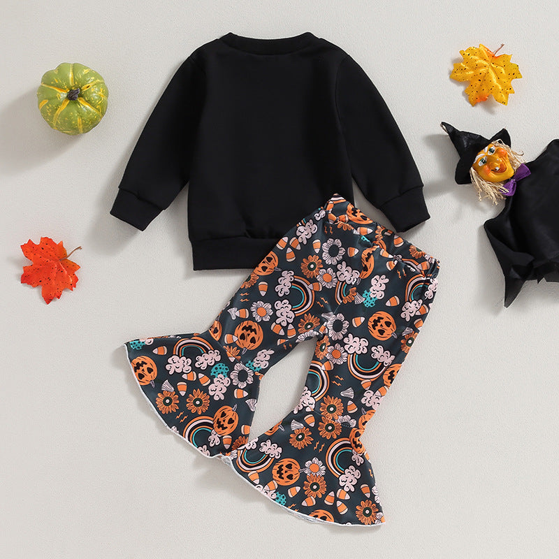 Letter Long Sleeve Sweater Bell-bottom Pants Suit
