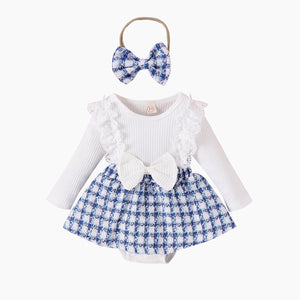 Long Sleeve Stitching Woven Style Plaid Skirt Bow Romper