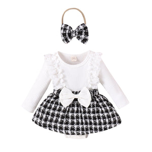 Long Sleeve Stitching Woven Style Plaid Skirt Bow Romper