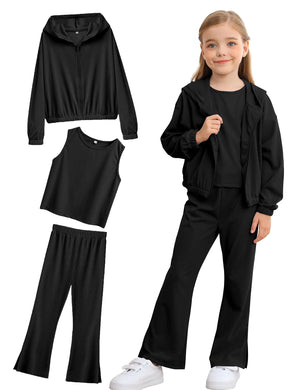 LecGee Girls Set Long Sleeve Zip Jacket Basic Tanks Flared Pants Set Casual Outfit Toddler Kid Clothing set(Black140)