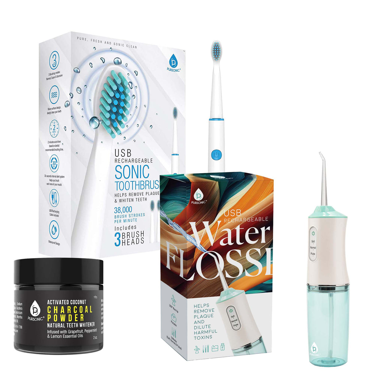 Pursonic Oral Care Power Bundle: USB Rechargeable Water Flosser, Electric Toothbrush, and Charcoal Teeth Whitener by Pursonic