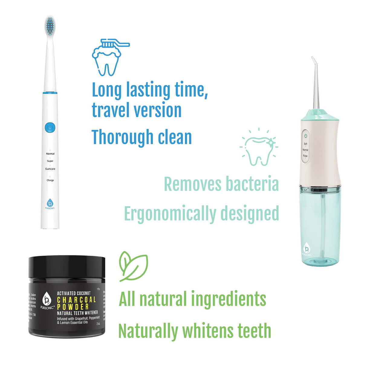 Pursonic Oral Care Power Bundle: USB Rechargeable Water Flosser, Electric Toothbrush, and Charcoal Teeth Whitener by Pursonic