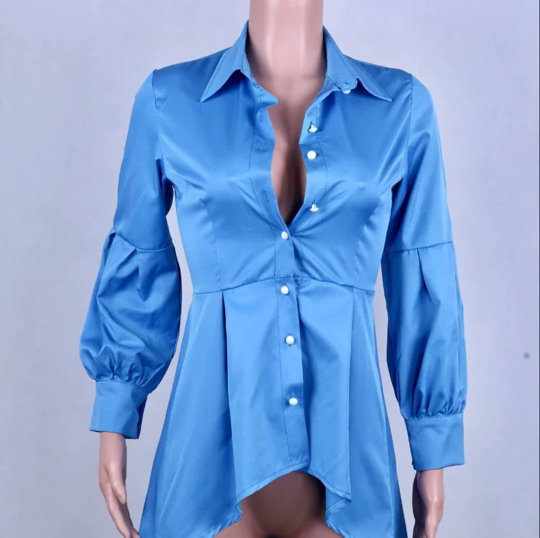 Solid Color Lantern Sleeve Tail Dress & Button Shirt Dress